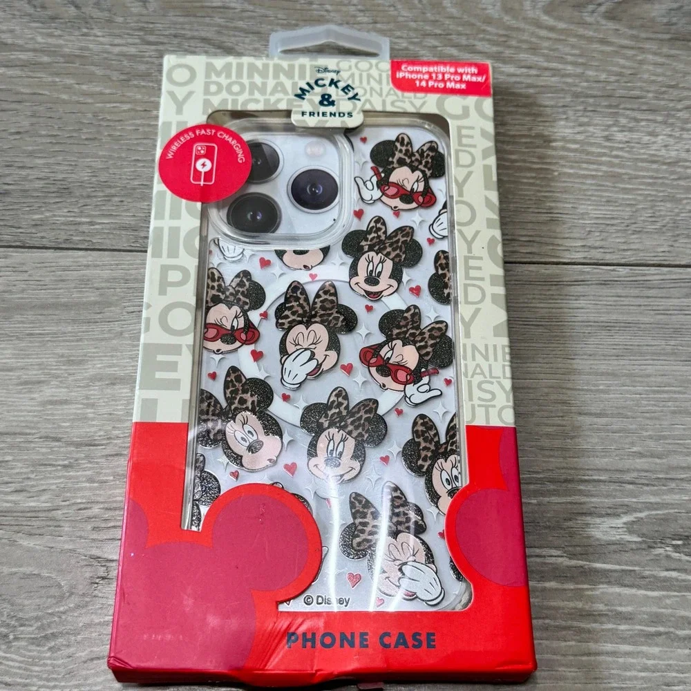 NIB Disney Skinnydip Minnie Mouse iPhone 13 14 Pro Max Case Leopard Print Clear